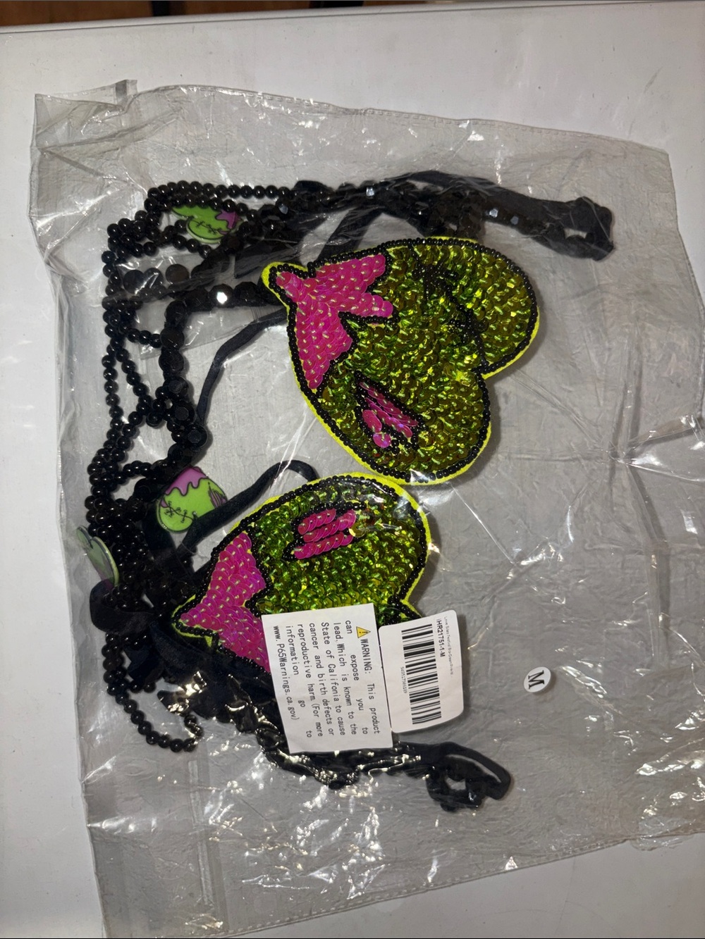 #160 New Medium Beaded carnival bra - Green & Pink